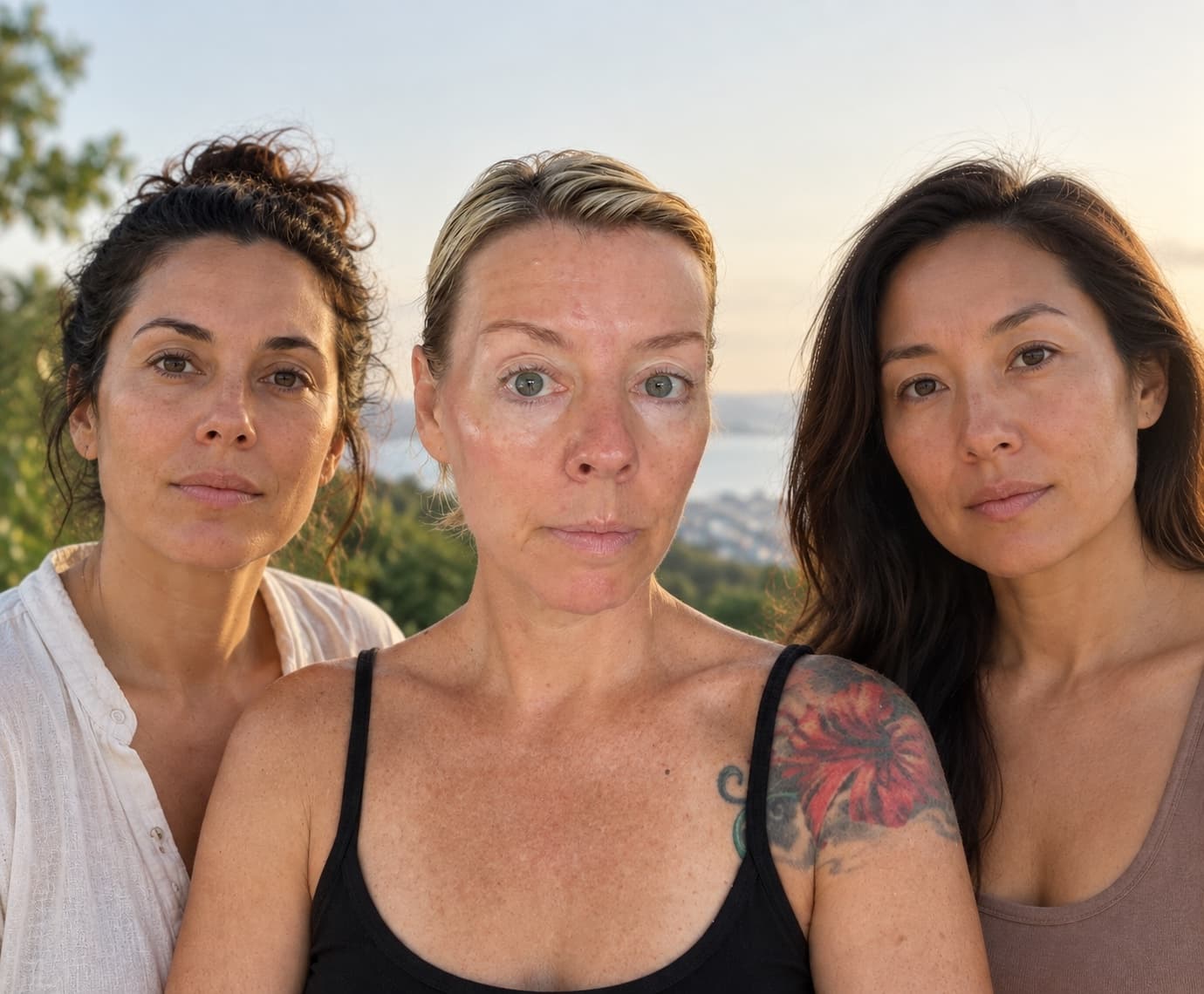 A group of women breathing in the morning sun on a hillside overlooking the coast